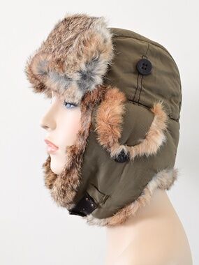 2000s Y2K Mad Bomber Green Nylon Rabbit Fur Ushanka Hat Size Large